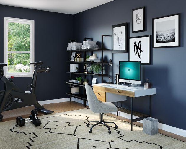 A home office with a flexible seating setting offers a variety of seating options, including standing desks, balance balls, and ergonomic chairs.